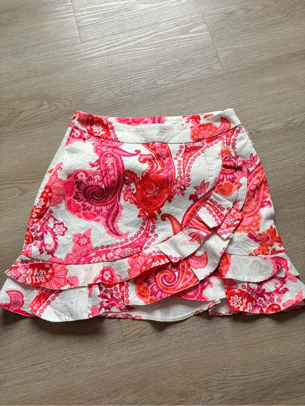 Floral Paisley Ruffle Mini Skirt in Pink and Red